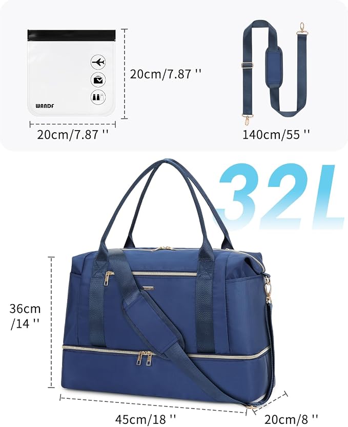 WANDF For Spirit Airlines Personal Item Bag 18x14x8 Underseat with Wet Pocket & Shoe Compartment & Tsa Approved Toiletry Bag