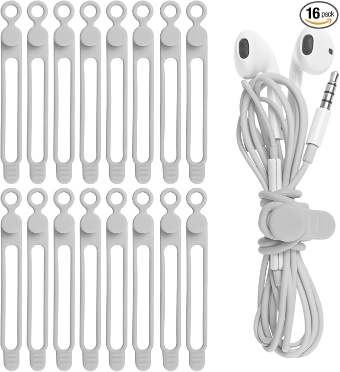 16Pcs Silicone Cable Ties Cord Organizer for Bundling Earphone, Phone Charger, Computer Cords, Reusable Wire Cable Management in Home,Office,Kitchen,School,Travel (Grey)