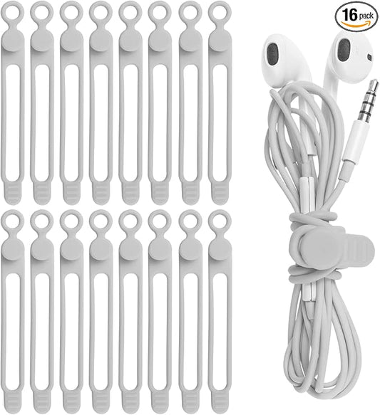 16Pcs Silicone Cable Ties Cord Organizer for Bundling Earphone, Phone Charger, Computer Cords, Reusable Wire Cable Management in Home,Office,Kitchen,School,Travel (Grey)