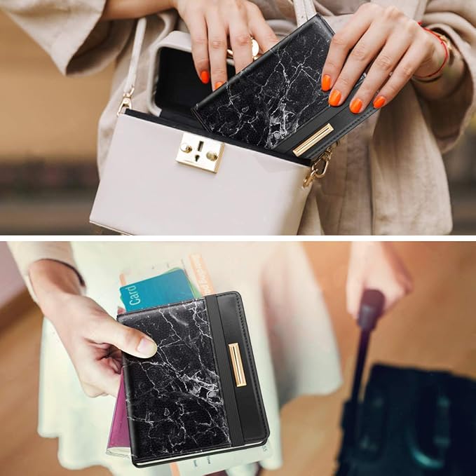 Coco Rossi Passport Holder for Travel Women Slim RFID Passport Cover Wallet | Travel Essentials, Passport Book Holders, Passport Wallet Cover Case, PU Leather, Cute, Thin, Spliced Design, Black Marble