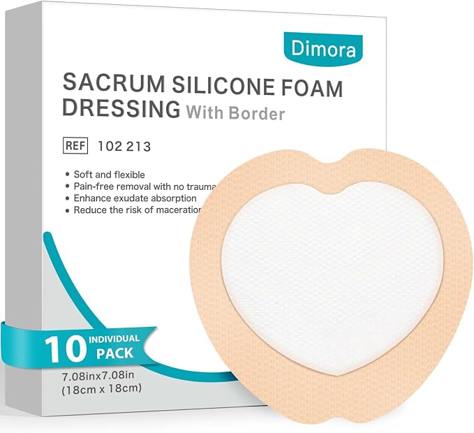 Dimora Sacrum Foam Silicone Wound Dressing Bandages Adhesive Border, 7"x7" Waterproof Sacral Pads Absorbent Breathable Bed Sore Pressure 10Packs