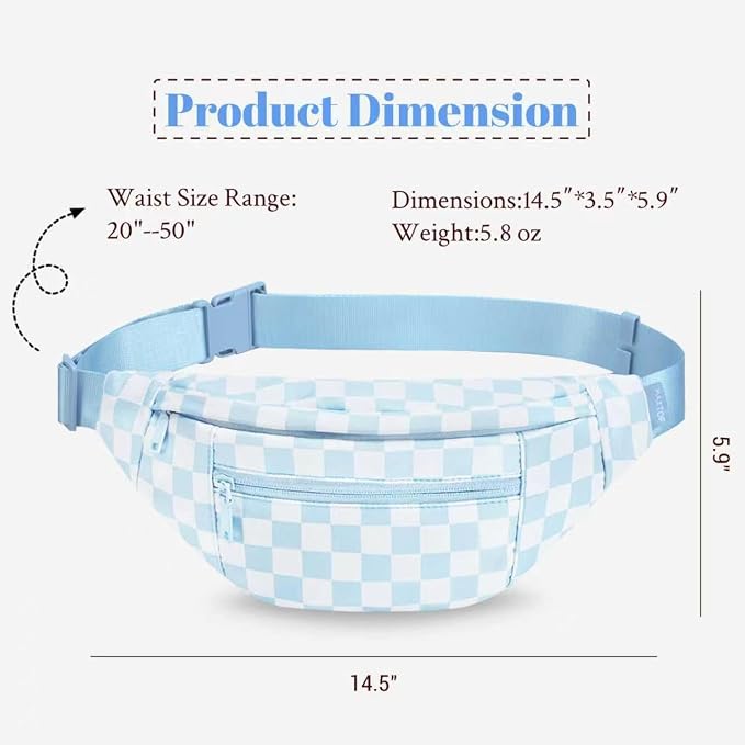 Blue Checkered Fanny Pack for Women Men Waist Bag with Adjustable Strap | Blue and White Checkered, Fashion,Large Capacity,Hands-Free ,Idea for Enjoy Shopping Sports Traveling Running Casual
