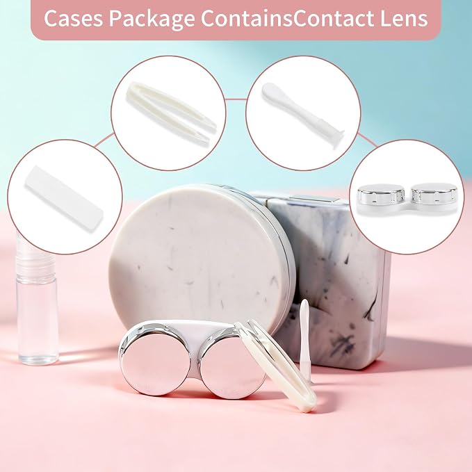 2 Pack Contact Lens Case, Portable Eye Contacts Colored Lenses Applicator Remover Tool Kit with Mirror Solution Bottle for Daily Makeup Office Travel Outdoor (Silver Marble)