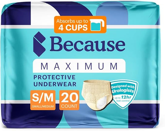 Because Discreet Maximum Adult Incontinence & Postpartum Underwear for Women, High Absorbency, Disposable, Absorbs Up to 4 Cups, Beige, Small/Medium, 20