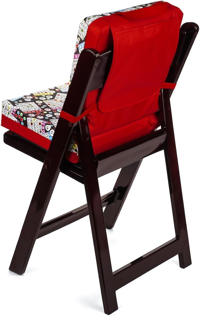Classic Bingo Pattern Seat Cushion – Extra Thick 3” Bingo Pillow with Strap, Storage Pouch & Handles – Comfortable Folding Chair Cushion for Bingo Nights (Red)