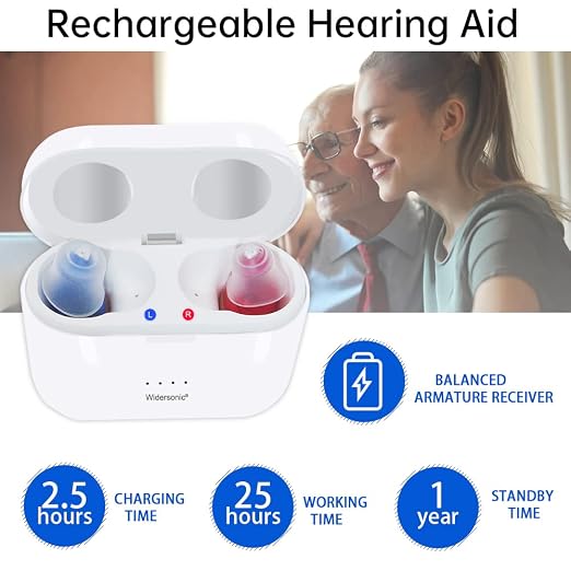 Rechargeable Hearing Aids for Seniors & Adults, Invisible Hearing Aid With Noise Cancelling, Rechargeable Hearing Aid with Storage and Charging Combo Portable Charging Case, Two Blue & Red