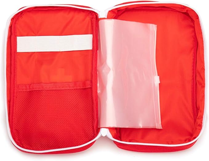 Jipemtra Red First Aid Bag Empty Travel Rescue Pouch First Responder Storage Medicine Emergency Bag for Car Home Office Kitchen Sport Outdoors (Red with Handle Green Print)