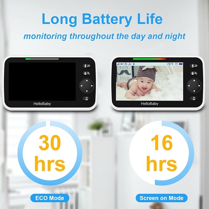 HelloBaby 5" Screen Baby Monitor with 4 Cameras - No WiFi HB6550 Video Baby Monitor, Pan-Tilt-Zoom, 26 Hour Battery, ECO, Night Vision, Temperature Sensor & 2-Way Audio, 8 Lullabies, 1000ft Long Range