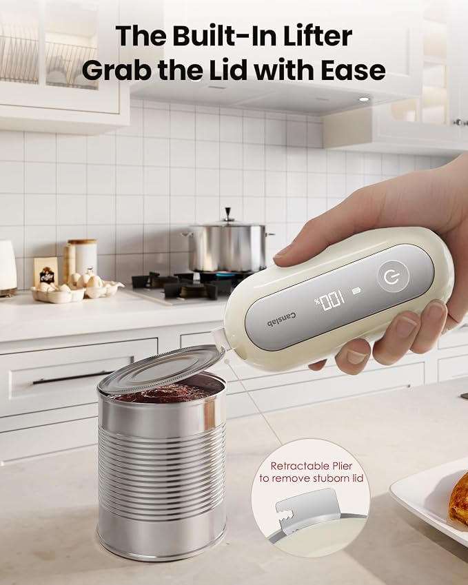 Canslab Retro Rechargeable LED Battery Track Electric Can Opener Auto Stop | True One-Touch, Wall-Mountable Small Size, Side Cut Smooth Edge, Rechargeable, for Seniors with Arthritis, White