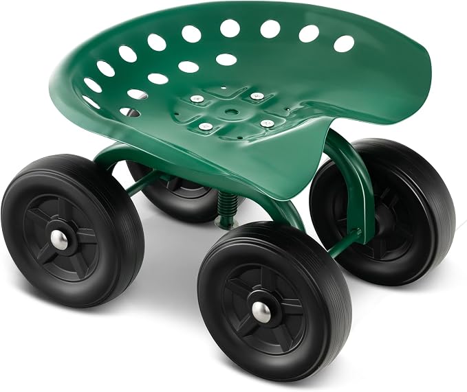 Goplus Garden Cart with Wheels, Utility Stool Cart w/Adjustable 360 Degree Swivel Seat, Outdoor Lawn Yard Rolling Work Seat, Garden Scooter for Planting (Green)