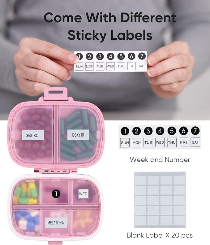Holii Travel Pill Organizer, 8 Compartments Portable Pill Case, Daily Pill Box to Hold Vitamins, Small Pill Container for Pocket Purse Medicine Organizer（Pink）