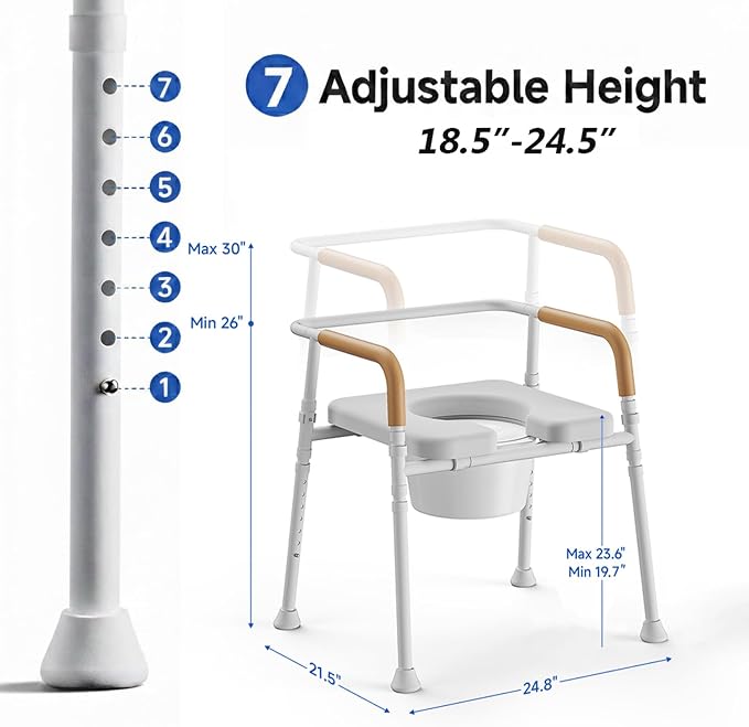 3-in-1 Bedside Commode for Seniors | 350lbs Reinforced Iron, Padded Seat & Arms, Height Adjustable Toilet Rails, Raised Toilet Seat with Bucket & Splash Guard