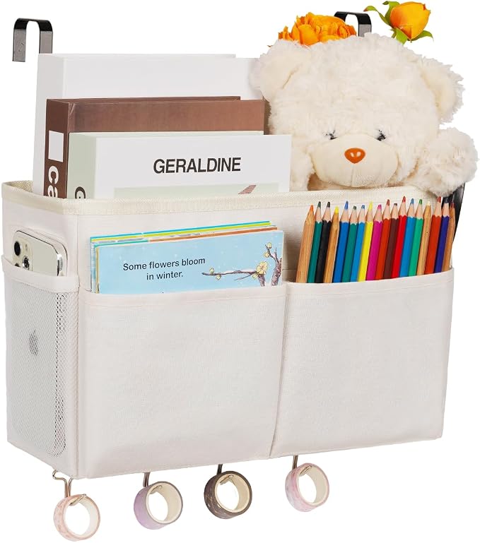 Bedside Caddy Organizer 5 Pockets and 4 Hooks for Bunk Bed White | Hanging Storage Bag for Headboards