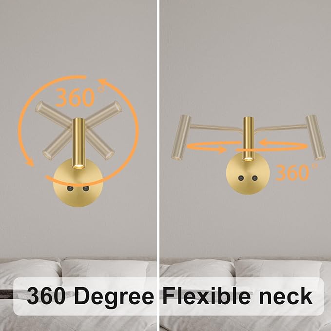 Gold Wall Mounted Reading Light, 3000K Flexible Headboard Reading Sconces with On Off Switch Control, Plug in/Hardwired Wall Light Fixtures with Night Light for Bedside Bedroom Bunk