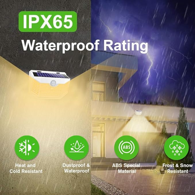 HMCITY 120 LED Solar Lights Outdoor Motion Sensor, 8 Pack, White Warm | 3 Lighting Modes, IP65 Waterproof, Front Button Control, Wide Solar Wall Lights Ideal for Garden Patio Yard