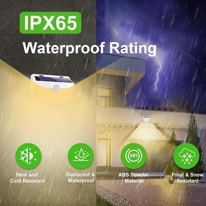 HMCITY 120 LED Solar Lights Outdoor Motion Sensor, 4 Pack, White Warm | 3 Lighting Modes, IP65 Waterproof, Front Button Control, Wide Solar Wall Lights Ideal for Garden Patio Yard