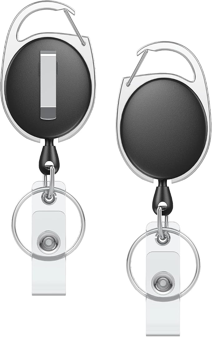 Uniclife 2 Pcs Retractable Badge Reel Keychain Clip for Badge Holder Black | Heavy Duty, Strong ABS, Stainless Steel Spring Coil, 24 Inch Nylon Rope, Carabiner Clip, Key Ring, Retractable Key Chain