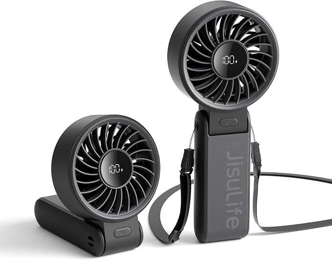 JISULIFE Portable Handheld Fan Life7: 3-in-1 Hand, Desk & Neck Fan-Black | 19.5H Max Cooling, 5-Speed, LED Display, 5000mAh Rechargeable,USB Foldable Fan for Travel/Concerts/Cruise/Sports Events/Gifts