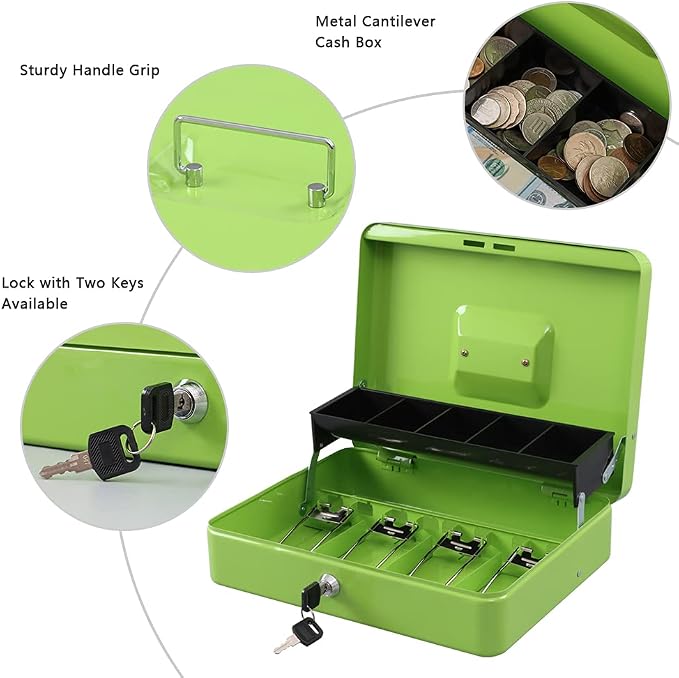 KYODOLED Locking Cash Box with Lock,Money Box with Cash Tray,Lock Safe Box with Key Money Saver,Money Saving Organizer,11.81Lx 9.45Wx 3.54H Inches,Limegreen XL Large