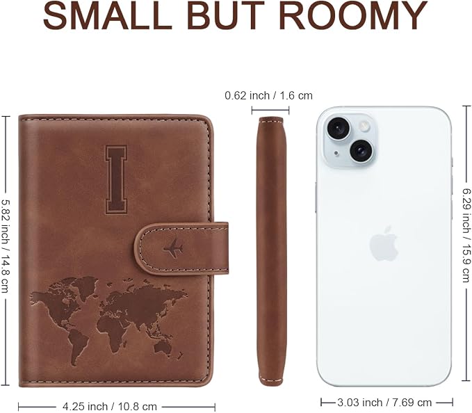 Passport Holder Wallet Cover Personalized Initial Travel Essentials | Embossed Letter A-Z Design, Travel Wallets, RFID Blocking, Passport Book Holders, Women Men, Personalized Gifts, Brown-I