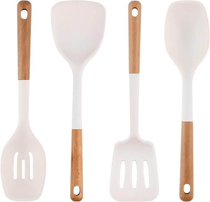 Silicone Kitchen Utensils Set of 4, Large Non-Stick Cooking Utensil Set w Wooden Handle Food Grade Heat Resistance Turner Spoon Silicone Cooking Kitchen Gadgets BPA Free for Nonstick Cookware