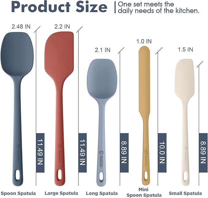 5 Pieces Silicone Spatula Set, Food Grade Rubber Spatula, Upgrade Strong Handle with Ergonomic Grip, Heat Resistant Up to 600°F for Nonstick Cookware, Cooking