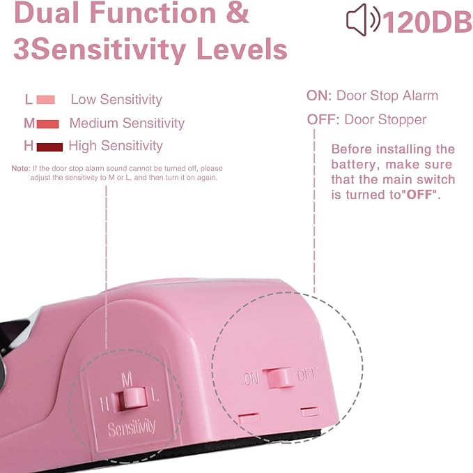 HNHMT 2 Pack Portable Door Stop Alarm, Door Stopper with 120db Loud Security Alarm, Travel Door, Doorstops Wedge Sensors Security Devices for Traveling Apartment Hotel and Home (Pink)