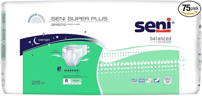 Seni Super Plus Unisex Adult Incontinence Briefs with tabs, Regular Size (40"-50"), 75 Count (3 Packs of 25), Heavy to Severe Absorbency, Disposable Overnight Brief for Men & Women