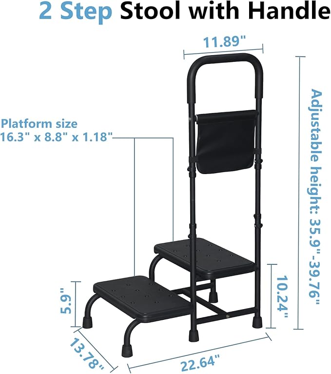 2 Step Stool with Handle for Elderly Adults, Portable Footstool Bed Steps for High Beds, Two Step Stools for Seniors with Adjustable Handrail Non-Skid Platform, Foot Stool for Kitchen Bathtub (Black)