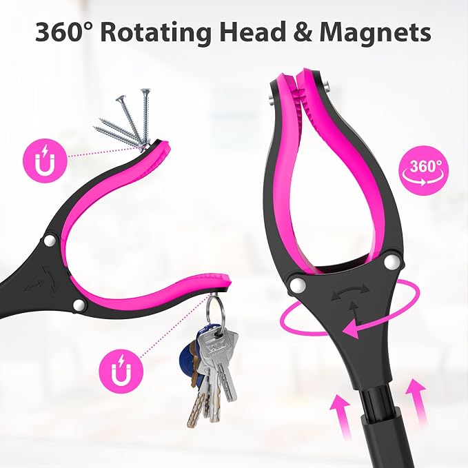 32" Foldable Grabber Reacher Pickup Tool for Seniors, Pink | 360° Rotating Jaw, Magnetic Tip, Long Hand Grip Pickup Tool, Silicone Non-Slip Claws, Indoor & Outdoor