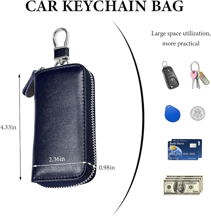 Leather Car Key Holder Bag, Unisex Key Fob Case with 6 Hooks, Zipper Closure Keychian Case Wallet for Smart Keys (Royal Blue)