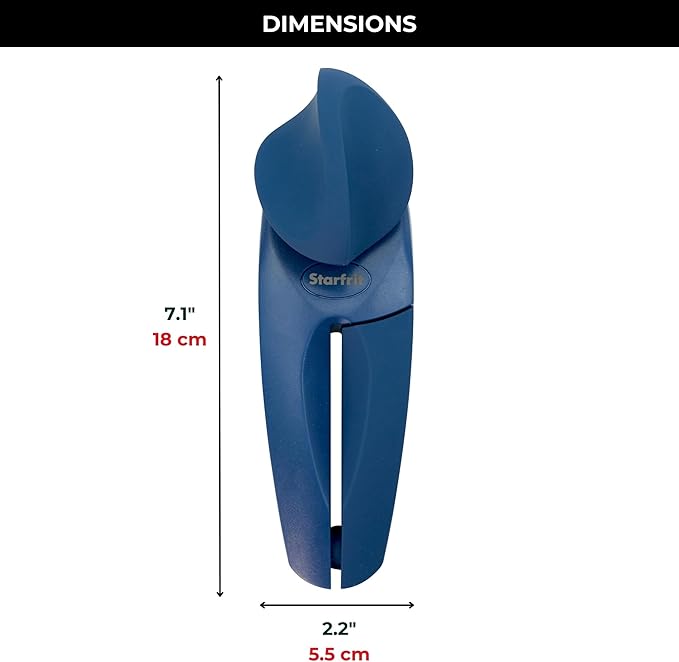 Starfrit MightiCan Can Opener, Safe Smooth-Cut, Comfort Grip, Blue | Safe can opener. Holds lid after cutting. No sharp edges. Comfort grip. Non-slip knob. 3-year warranty.