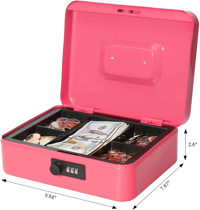Jssmst Large Cash Box with Combination Lock - Durable Metal Cash Box with Money Tray Pink (9.8 x 7.9 x 3.5), SM-CB07004L, SM-CB014