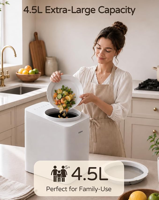 Odorless Electric Kitchen Composter 4.5L, Quiet ≤45dB for Home | Auto Clean, Large Carbon Filter Odor Control, Process Food Waste to Fertilizer in 4-8H, Countertop Mill Composter for Indoor