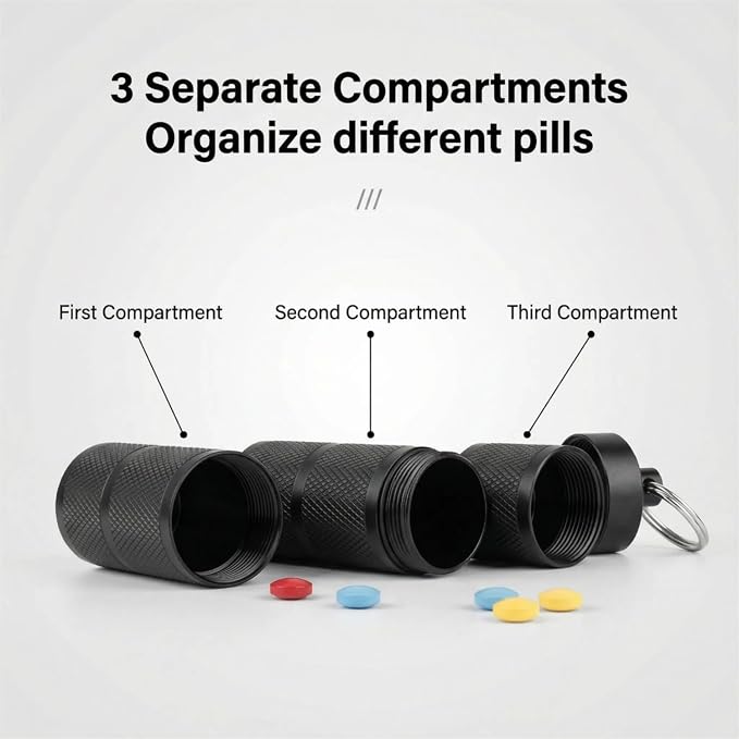 Waterproof Keychain Pill Holder - 3-Compartment, Black | Anodized aluminum with a keyring. 3 detachable layers. Pocket-sized, rustproof EDC pill container