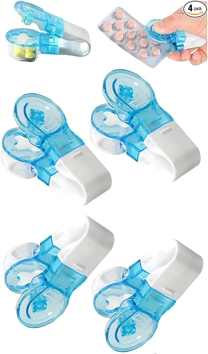 4Pcs Blue Portable Pill Taker Remover, Pill Remover, Blister Pack Opener Popper Assistance No Contact Easy to Take Out Travel Tablet Dispenser Pills Extractor Tool Medication Aids Pill Organizers