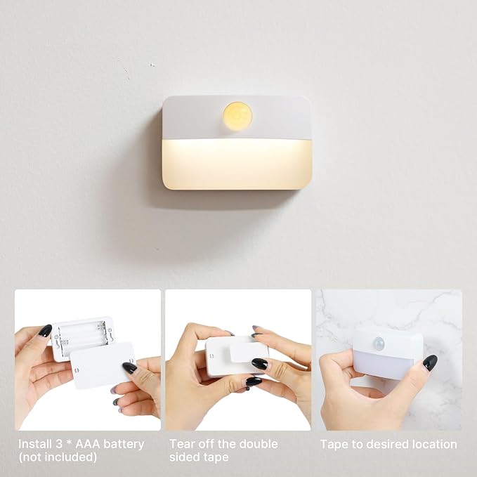 Guankai 3 Pack Motion Sensor Stair Light for Indoor, Battery Operated Closet Lights, Wireless Stick on Anywhere Hallway Lamp, Portable Led Night Lamps for Bedroom Under Cabinet Kitchen