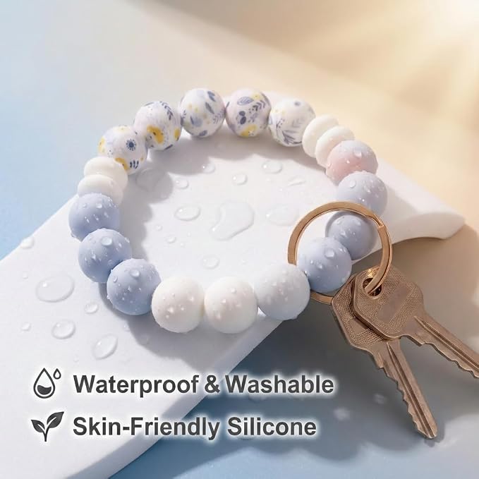 BIHRTC Key Ring Bracelet Car Keychain Holder Wristlet Silicone Women Beaded Bangle Chains