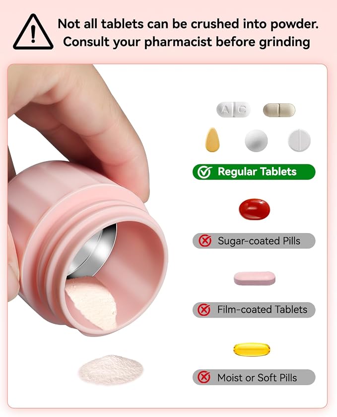 Pill Crusher Fine Powder - Cotatoc 3-in-1 Pill Crusher with Stainless Steel Grinding Pestle, Portable Pill Cutter and Crusher for Elderly and Pets (Pink)