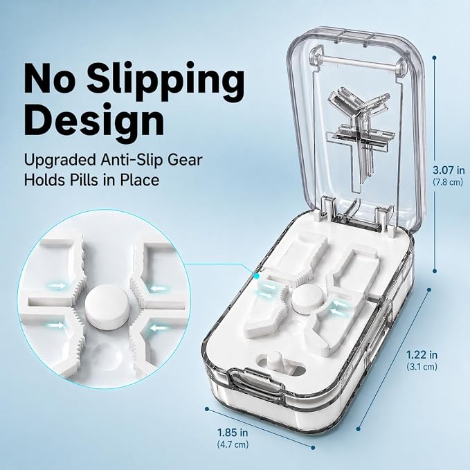 Pill Cutter Splitter for Small Tiny Large Pills at Once with Accurate and Professional Sharp Blade but Safe, Cuts 1/2, 1//3, 1/4 One-Hand Operation Portable Tablet Cutter, BPA Free (White)
