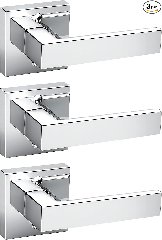 KNOBWELL 3 Pack Polished Chrome Interior Doorknob Closet Door Lever, Pull Only No-Function Door Handle Reversible for Left&Right(One Side Use)