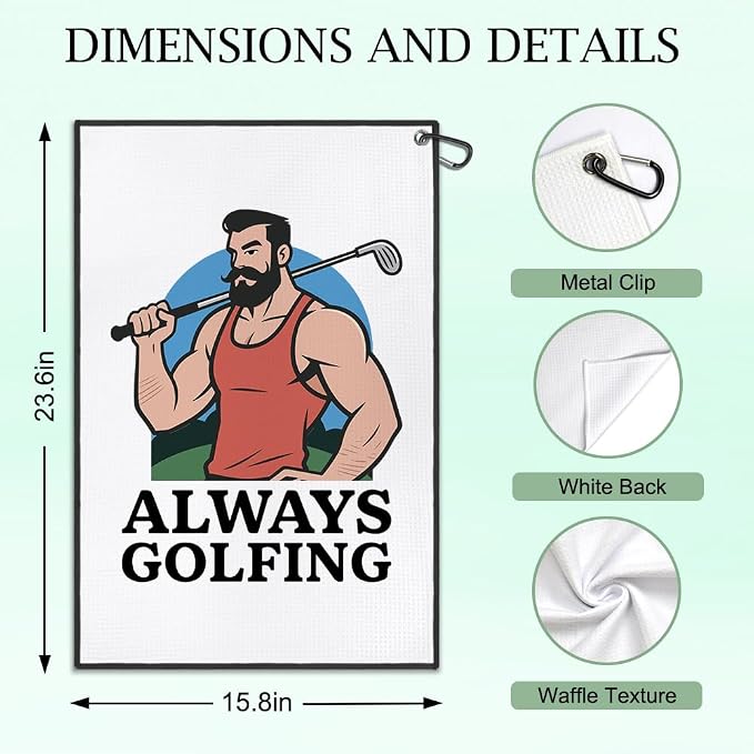 DYJYBMY Always Golfing Printed Golf Towel with Clip, Retro Golf Towel for Men, Retirement Gifts for Golfing Lover, Father's Day Birthday Appreciation Gifts for Grandpa Uncle Dad Husband Golfer