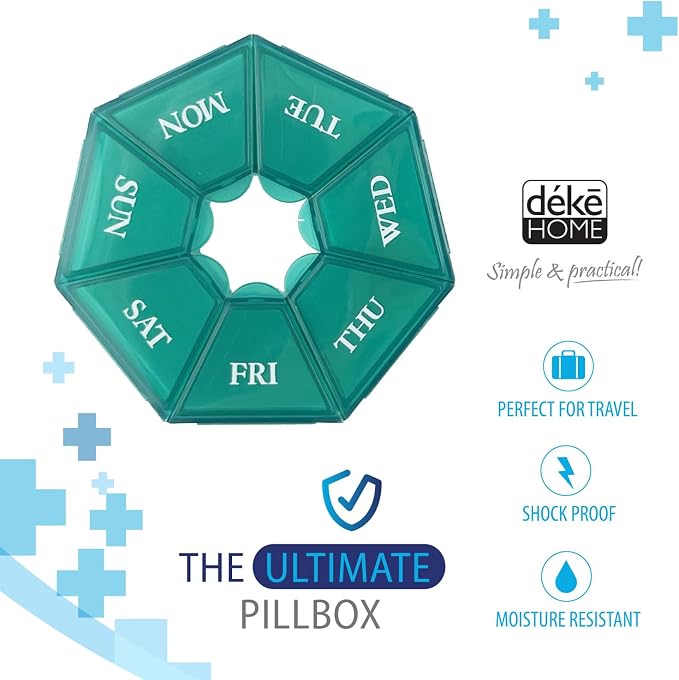 Deke Home - Small Weekly Pill Organizer, Round Pill Dispenser for Travel, Mini Pill Organizer, Compact Medicine Holder, Pill Sorters 7 Days, Portable Vitamin Container, BPA Free (Food Grade)