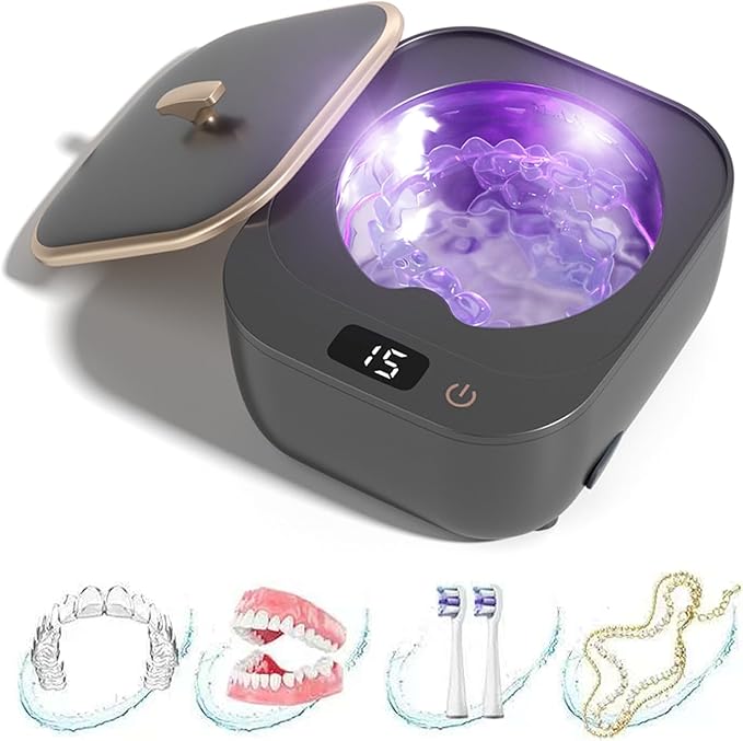 Ultrasonic Retainer Cleaner - 48kHz Retainer Cleaner Machine for Dentures, Mouth Guards, Aligner, Toothbrush Heads, Jewelry, 3 Modes Denture Cleaner with 250ml Dental Cleaning Pod