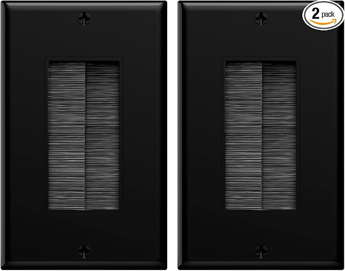 VCE Brush Wall Plate Cable Pass Through, Single Gang Decorator Wall Cover for Low Voltage Cables, In-Wall Cable Management for Wall Mount TV (Black), 2-Pack