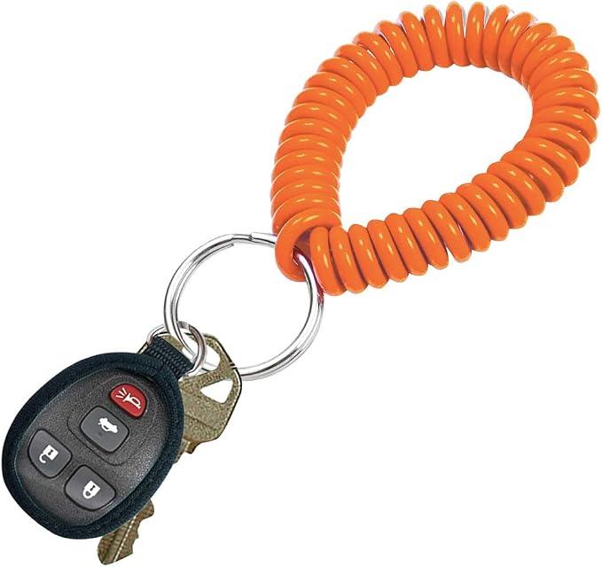 Lucky Line 2” Spiral Wrist Coil with Steel Key Ring, Flexible Wrist Band Key Chain Bracelet, Stretches To 12”, Orange, 5 Pack (4105005)