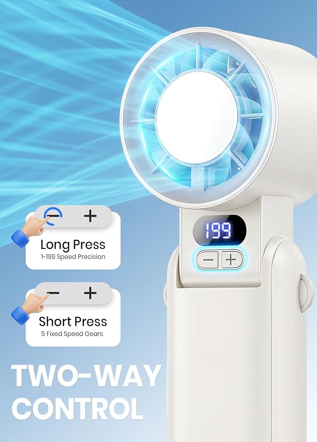 Portable Handheld Turbo Fan, 1-199 Speed Adjustable, White | 4 IN 1 Pocket Design with LED Display, High-Power Motor, Rechargeable Battery, Mini Fans for Indoor/Outdoor/Travel/Work