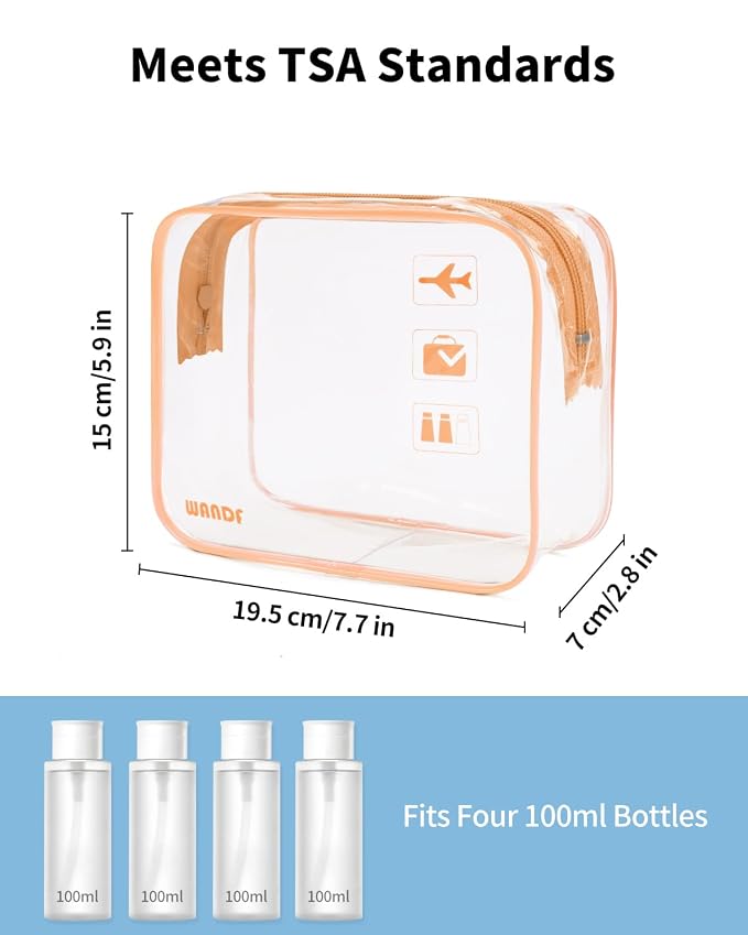 WANDF TSA Approved Toiletry Bag, 2 Pack Clear Makeup Bag | Quart Size, Airport Carry-On, TSA Liquids Travel Bag, Clear PVC, Women Men Travel Essentials