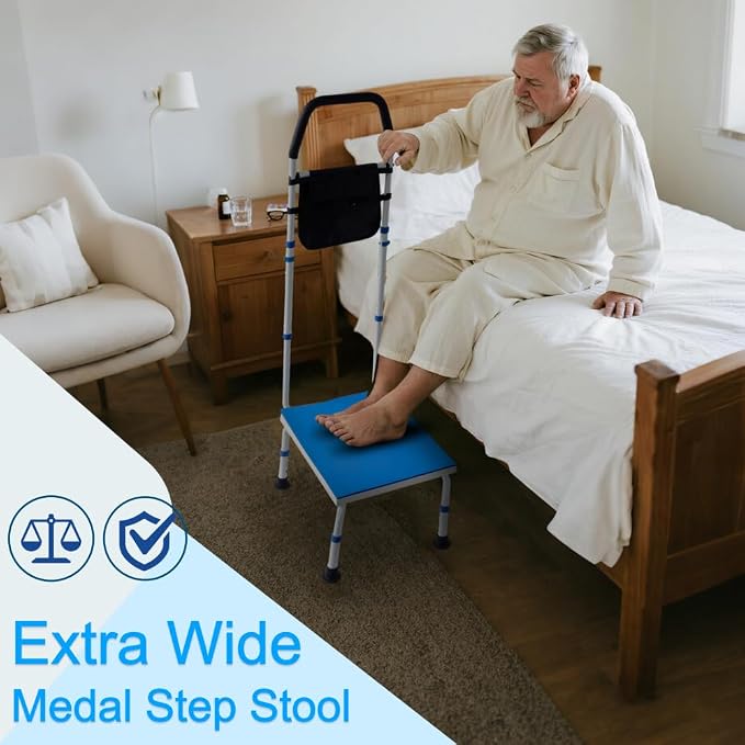 Plus Size Stepping Stool for Adults, Extra Wide Bed Step Stool with Handle | Plus Size Step Stool, SUV, Truck, Car Step Stools for Elderly, Carbon Steel Handle, 500 lbs Weight Capacity