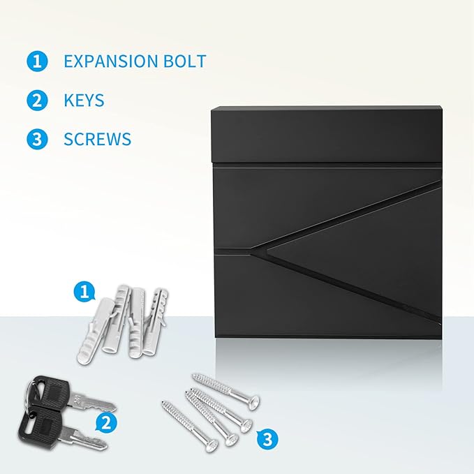 Wall-Mount Mailbox for House Outside, Security Key Drop Box with Lock and Keys, Locking Postbox, Steel Metal Rust-Proof Mail Box, 11.02 x 11.02 x 4.33 Inch, Black, MD021